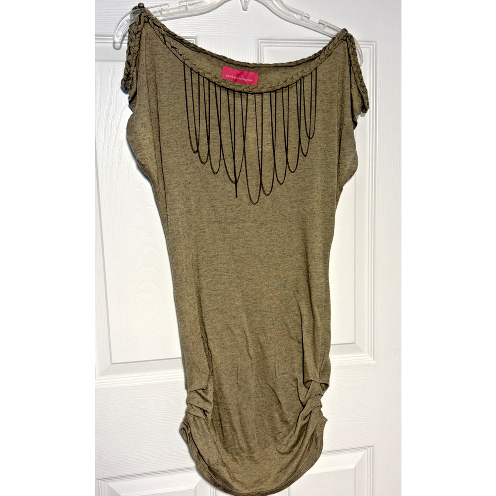Pookie & Sebastian Women’s Small Ruched Tunic Top Braided Cap Sleeve Chain Neck